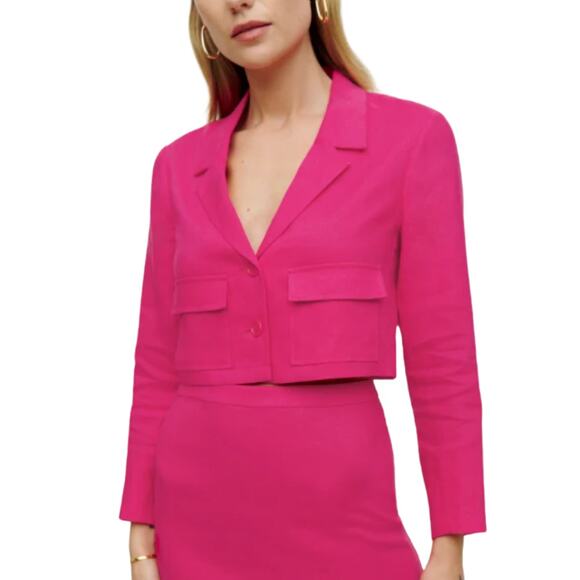 Reformation Elton Linen Blazer NEW Corvette Pink Cropped Button Jacket Size 6 - Picture 1 of 8